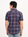 Men’s Native Bull Checked Half Sleeve Casual Shirt with Button Down Collar - Blue