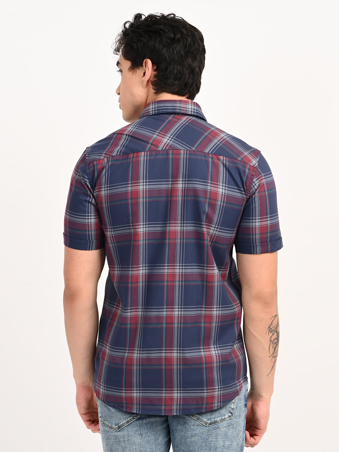 Men’s Native Bull Checked Half Sleeve Casual Shirt with Button Down Collar - Blue