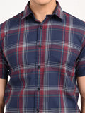 Men’s Native Bull Checked Half Sleeve Casual Shirt with Button Down Collar - Blue