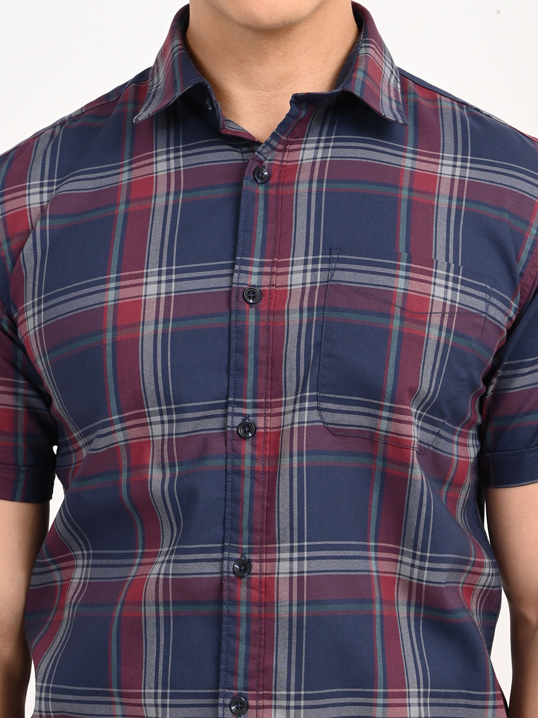 Men’s Native Bull Checked Half Sleeve Casual Shirt with Button Down Collar - Blue