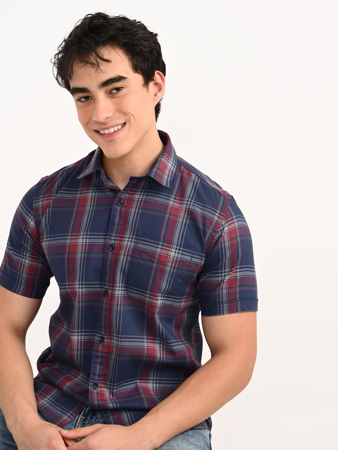 Men’s Native Bull Checked Half Sleeve Casual Shirt with Button Down Collar - Blue