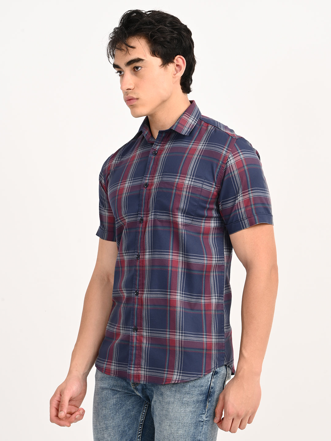Men’s Native Bull Checked Half Sleeve Casual Shirt with Button Down Collar - Blue