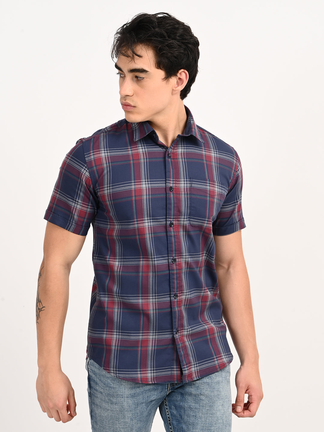 Men’s Native Bull Checked Half Sleeve Casual Shirt with Button Down Collar - Blue