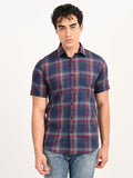 Men’s Native Bull Checked Half Sleeve Casual Shirt with Button Down Collar - Blue
