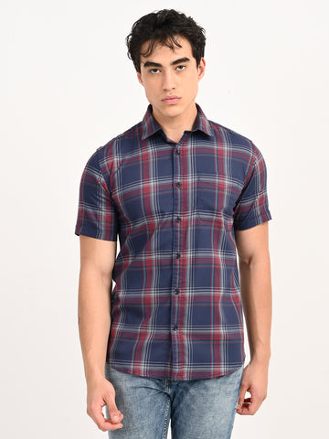 Men’s Native Bull Checked Half Sleeve Casual Shirt with Button Down Collar - Blue
