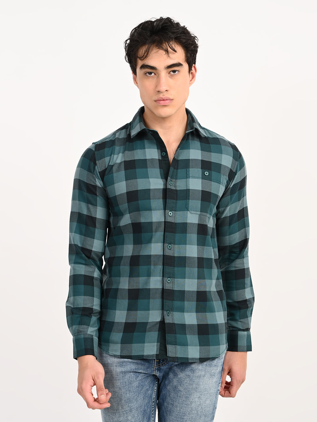 Men’s Native Bull Checkered Slim Fit Casual Shirt with Patch Pocket - Green