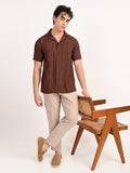 Men’s Native Bull Cuban Collar Short Sleeve Shirt with Geometric Pattern - Brown
