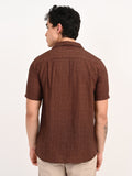 Men’s Native Bull Cuban Collar Short Sleeve Shirt with Geometric Pattern - Brown