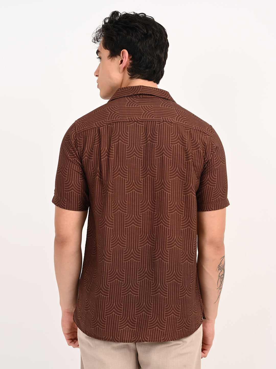 Men’s Native Bull Cuban Collar Short Sleeve Shirt with Geometric Pattern - Brown