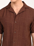 Men’s Native Bull Cuban Collar Short Sleeve Shirt with Geometric Pattern - Brown