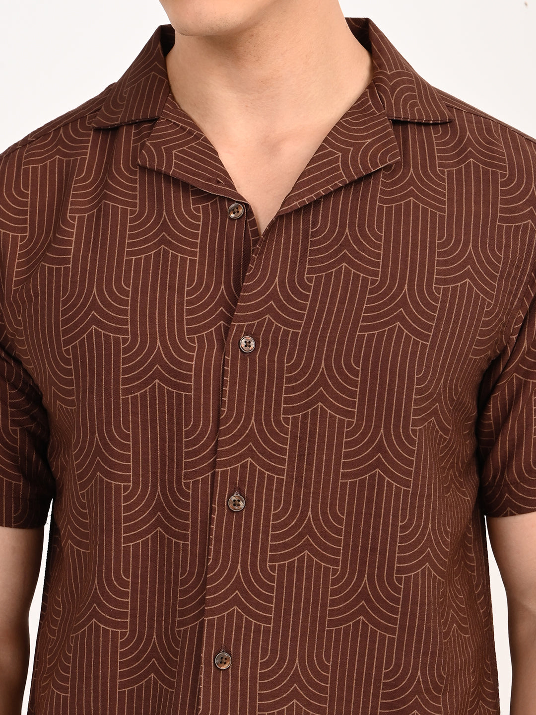 Men’s Native Bull Cuban Collar Short Sleeve Shirt with Geometric Pattern - Brown