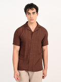 Men’s Native Bull Cuban Collar Short Sleeve Shirt with Geometric Pattern - Brown