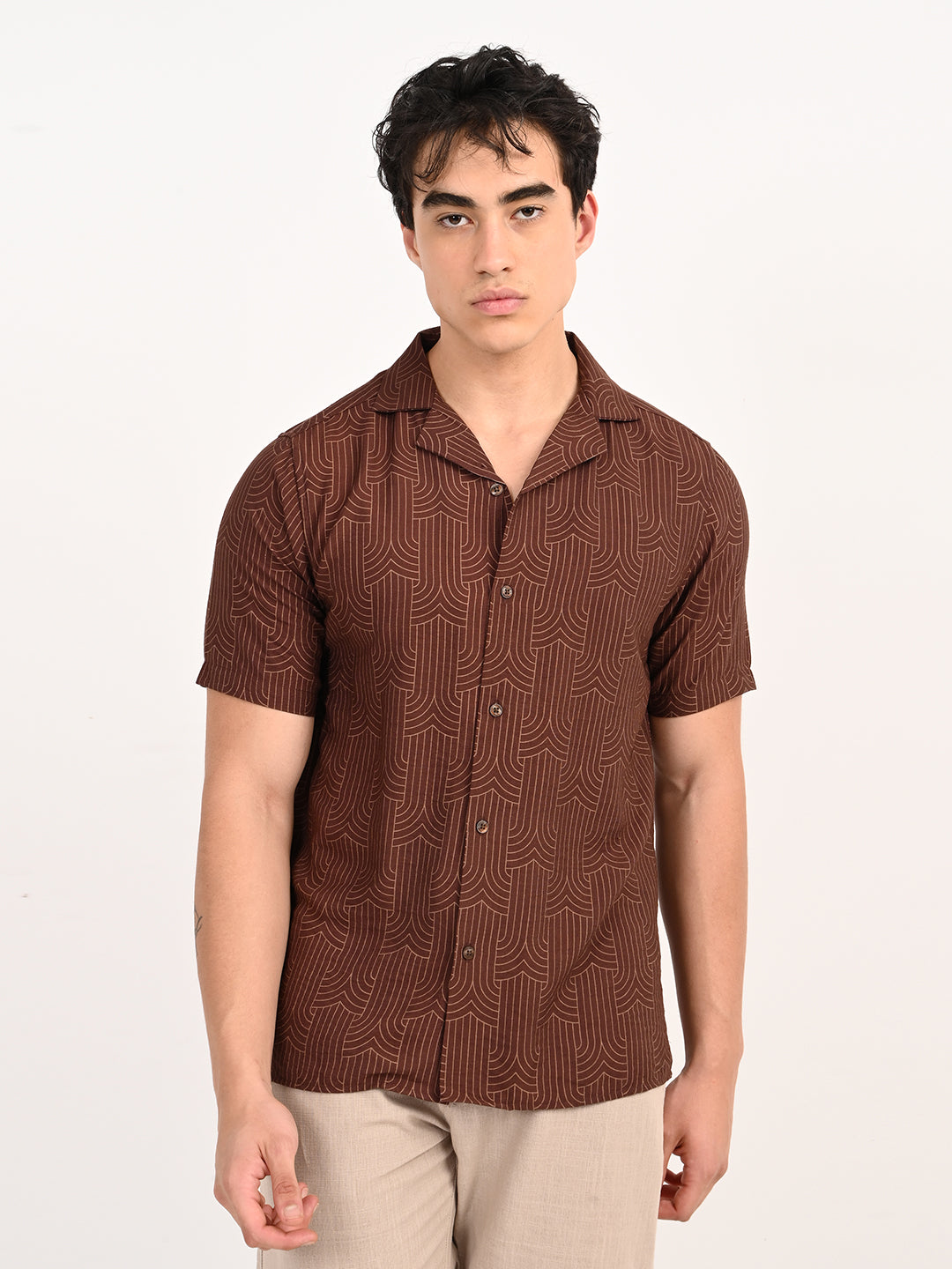 Men’s Native Bull Cuban Collar Short Sleeve Shirt with Geometric Pattern - Brown