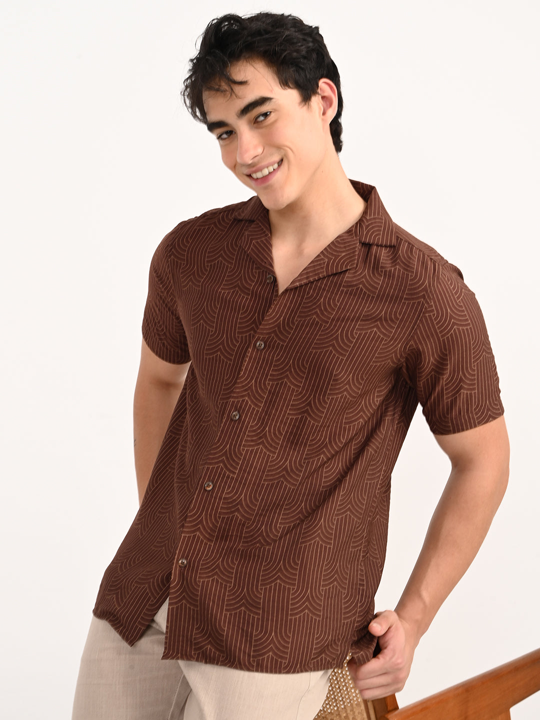 Men’s Native Bull Cuban Collar Short Sleeve Shirt with Geometric Pattern - Brown