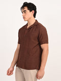 Men’s Native Bull Cuban Collar Short Sleeve Shirt with Geometric Pattern - Brown