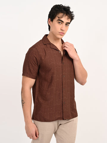 Men’s Native Bull Cuban Collar Short Sleeve Shirt with Geometric Pattern - Brown