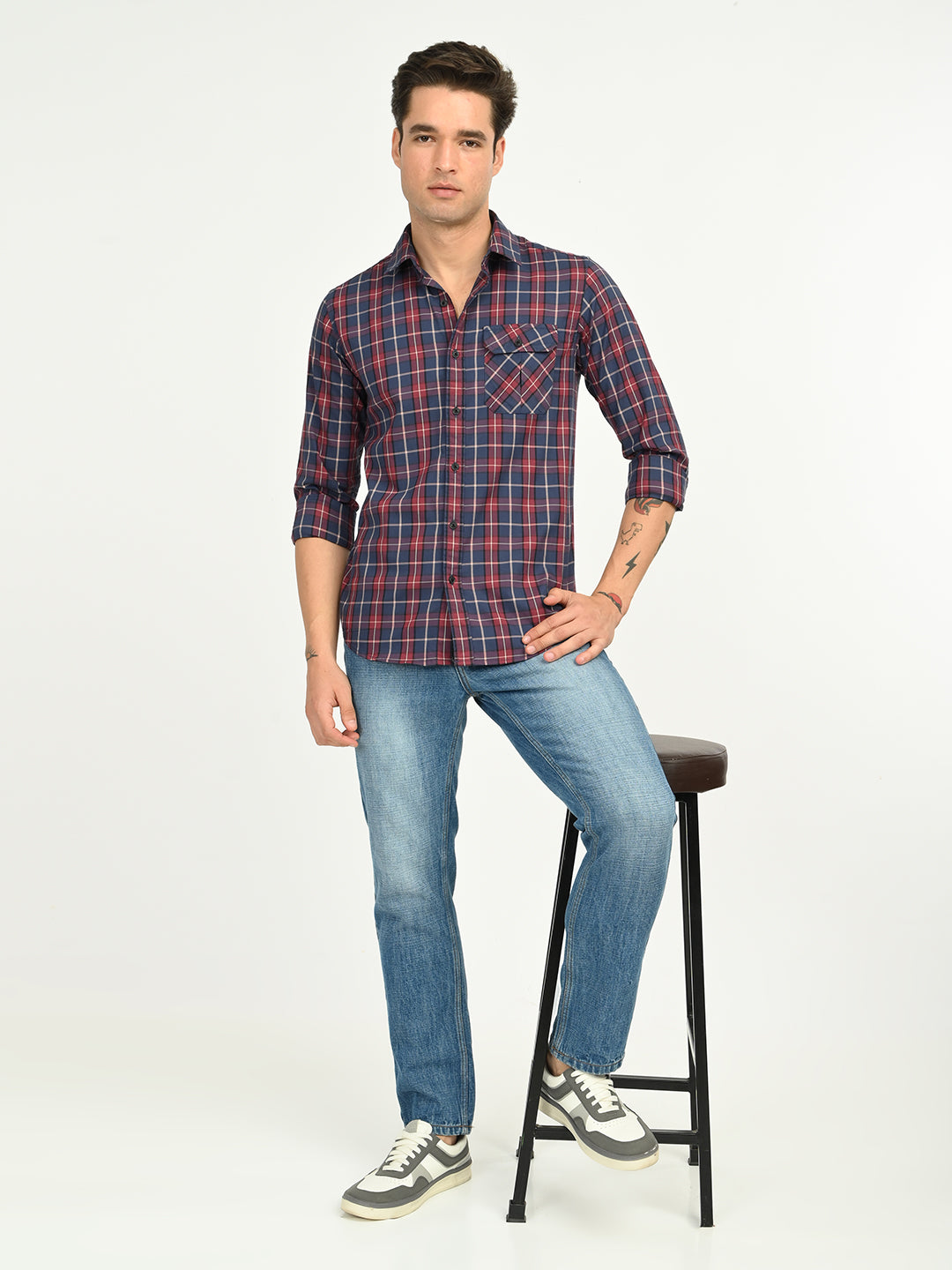 Men’s Native Bull Men's Classic Checkered Slim Fit Casual Shirt with Patch Pocket - Multi