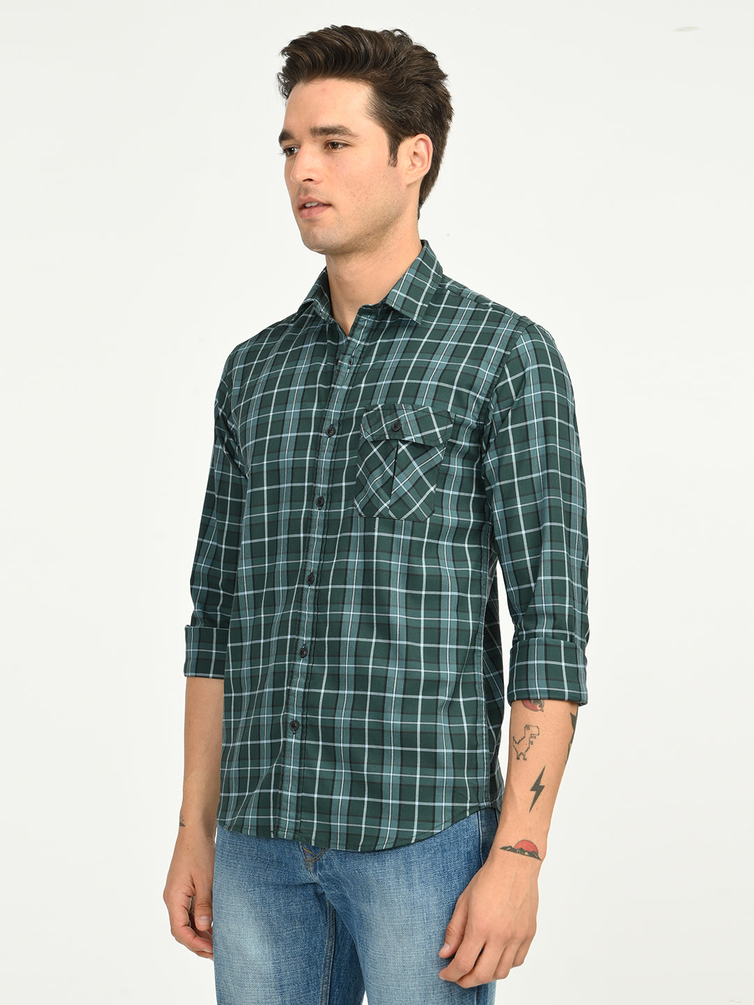 Men’s Native Bull Men's Classic Checkered Slim Fit Casual Shirt with Patch Pocket - Green