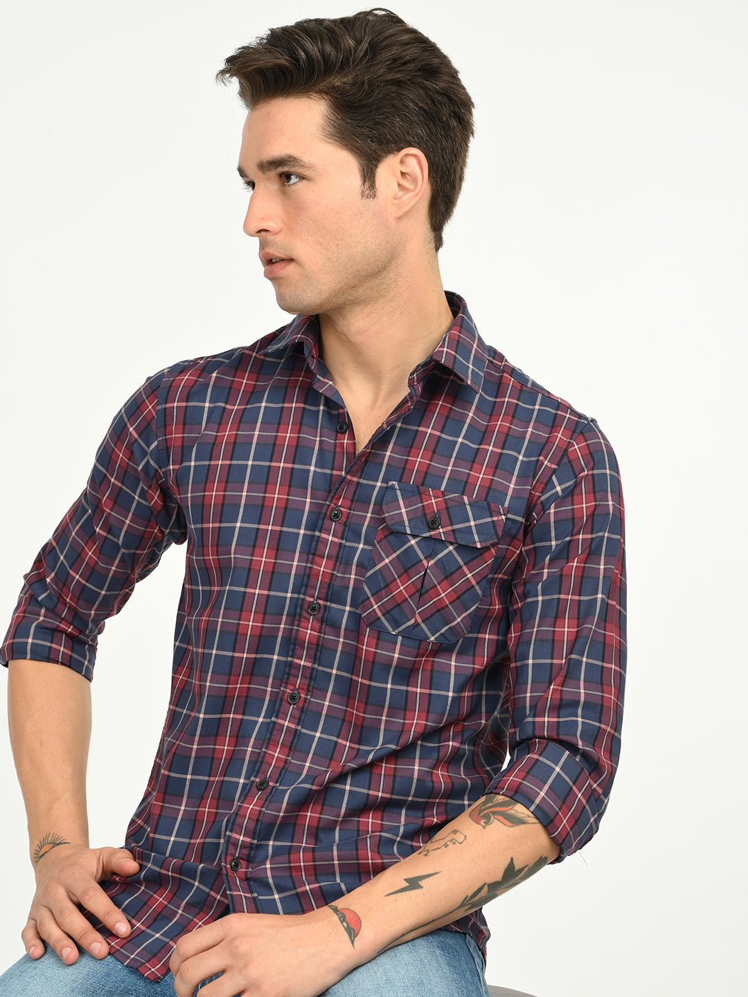 Men’s Native Bull Men's Classic Checkered Slim Fit Casual Shirt with Patch Pocket - Multi