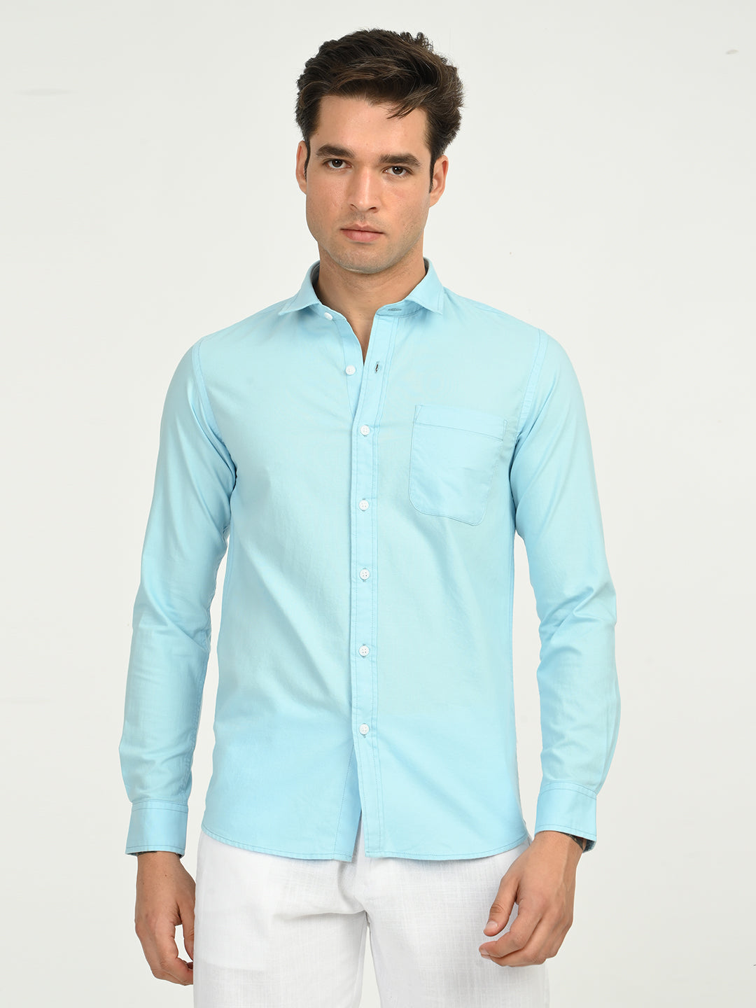 Men’s Native Bull Oxford Solid Casual Shirt with Full Sleeves and Chest Pocket - Blue