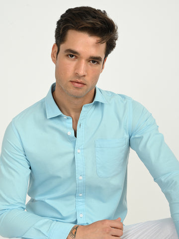 Men’s Native Bull Oxford Solid Casual Shirt with Full Sleeves and Chest Pocket - Blue