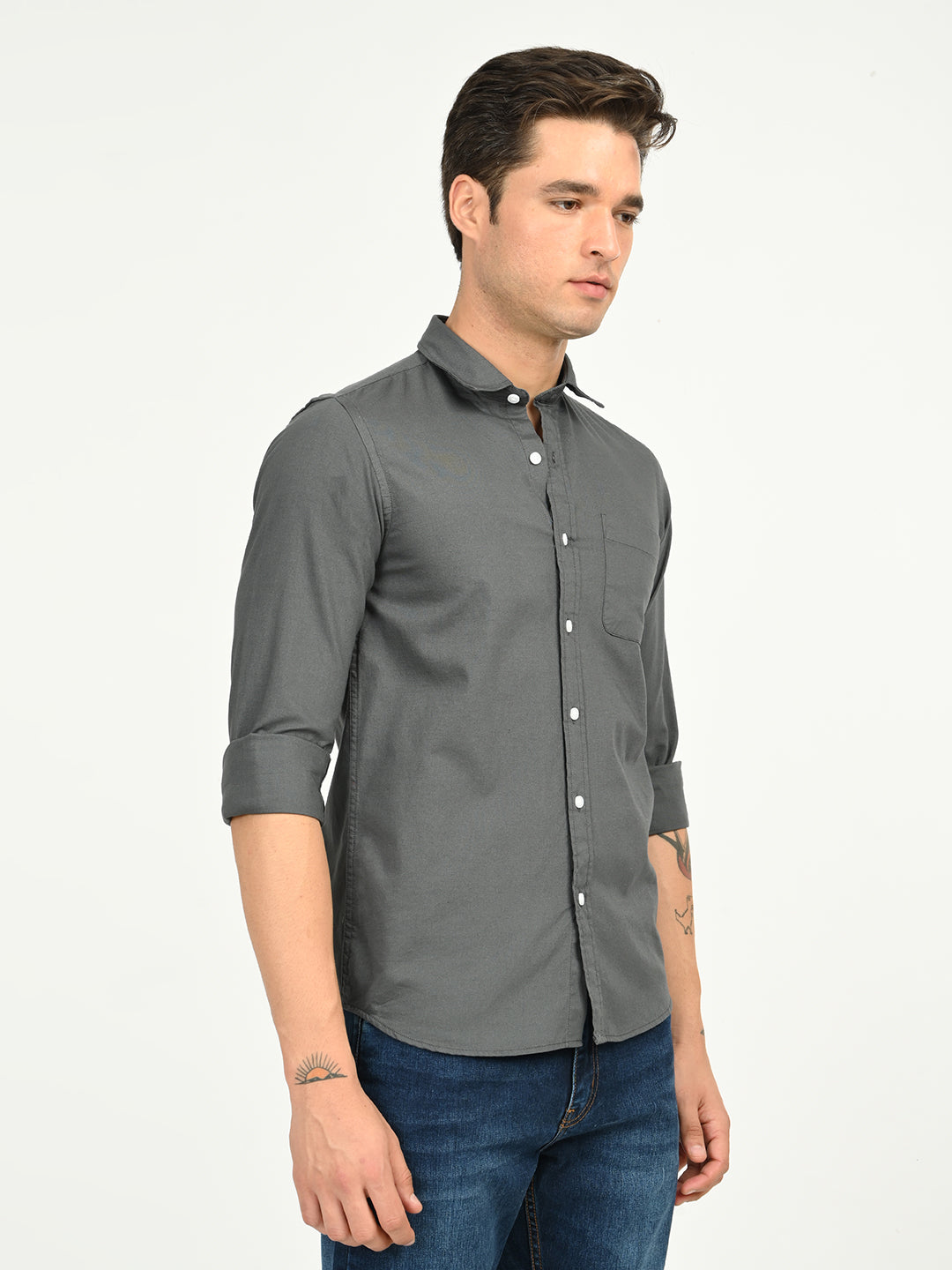 Men’s Native Bull Solid Casual Shirt with Full Sleeves and Chest Pocket - Grey