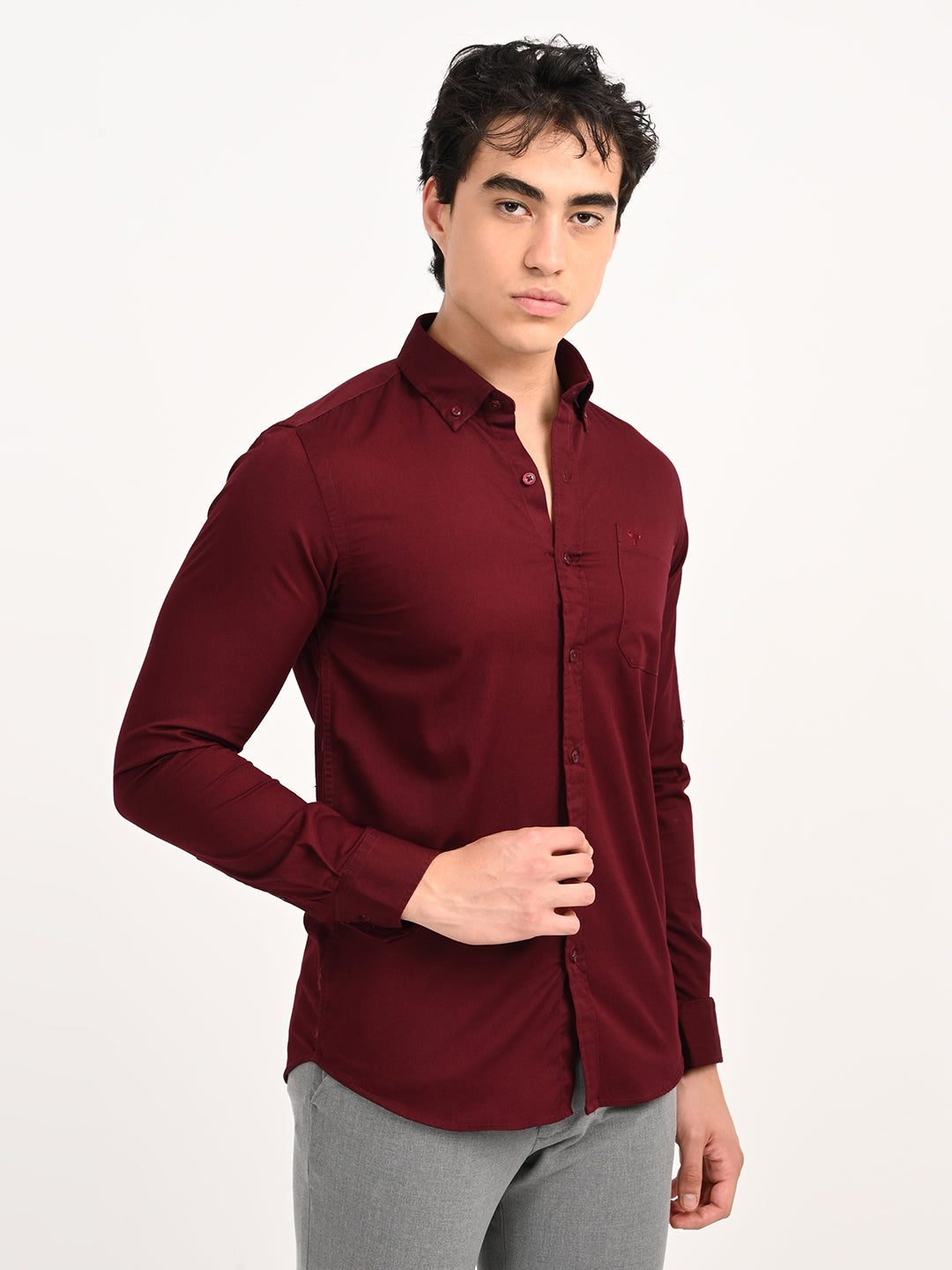 Men’s Native Bull Solid Casual Shirt with Full Sleeves and Chest Pocket - Maroon