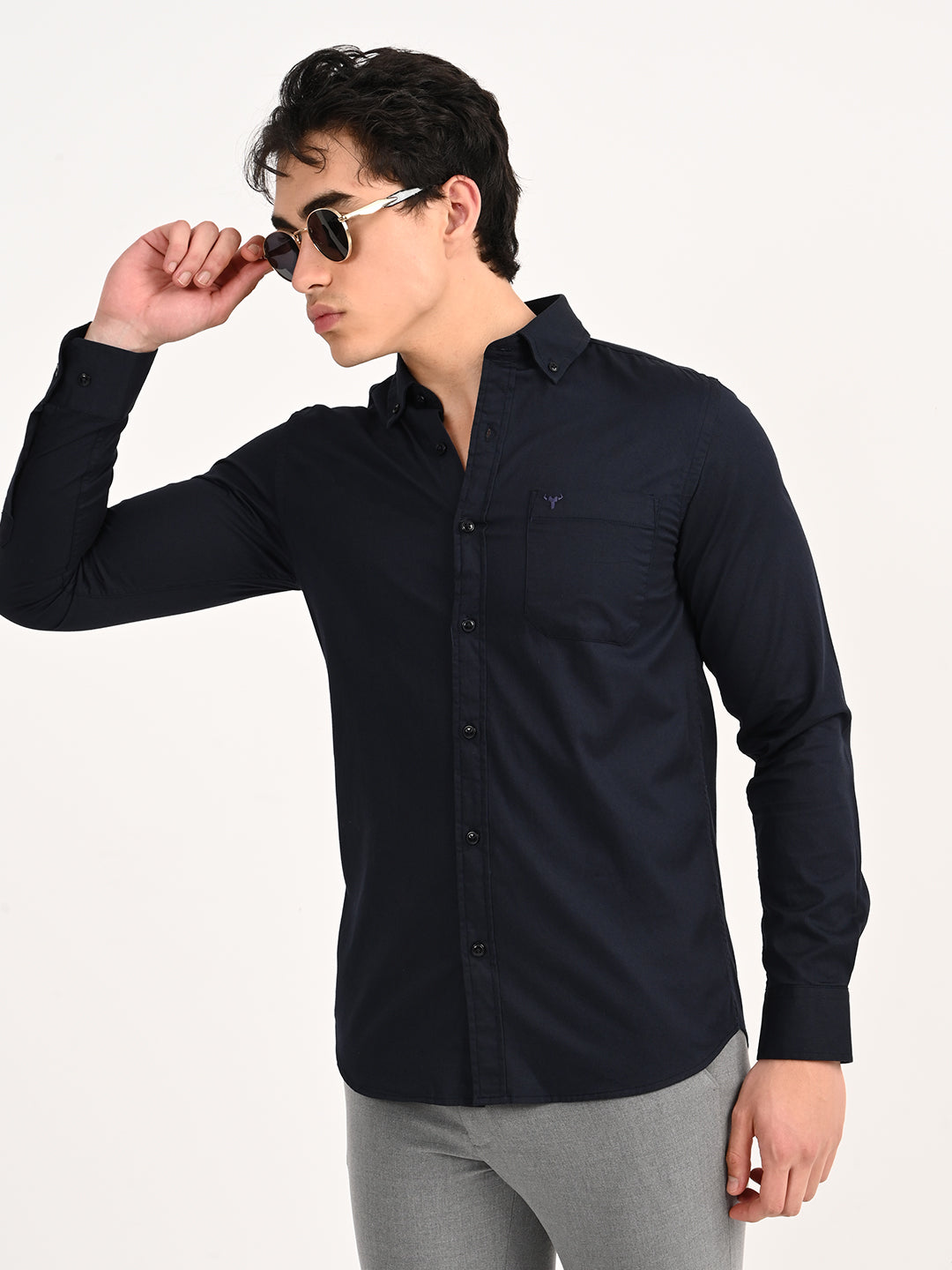 Men’s Native Bull Solid Casual Shirt with Full Sleeves and Chest Pocket - Black
