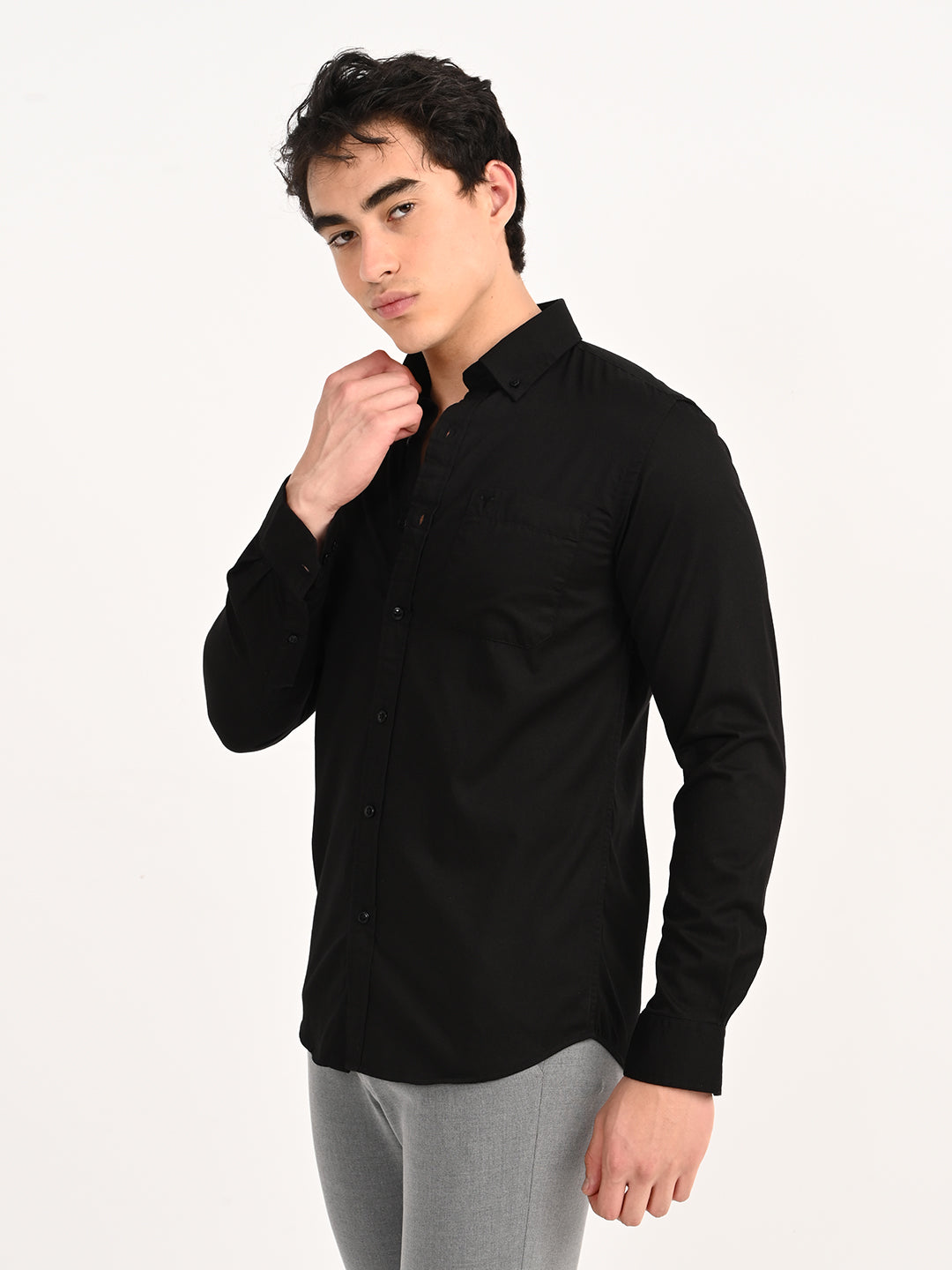 Men’s Native Bull Solid Casual Shirt with Full Sleeves and Chest Pocket - Black