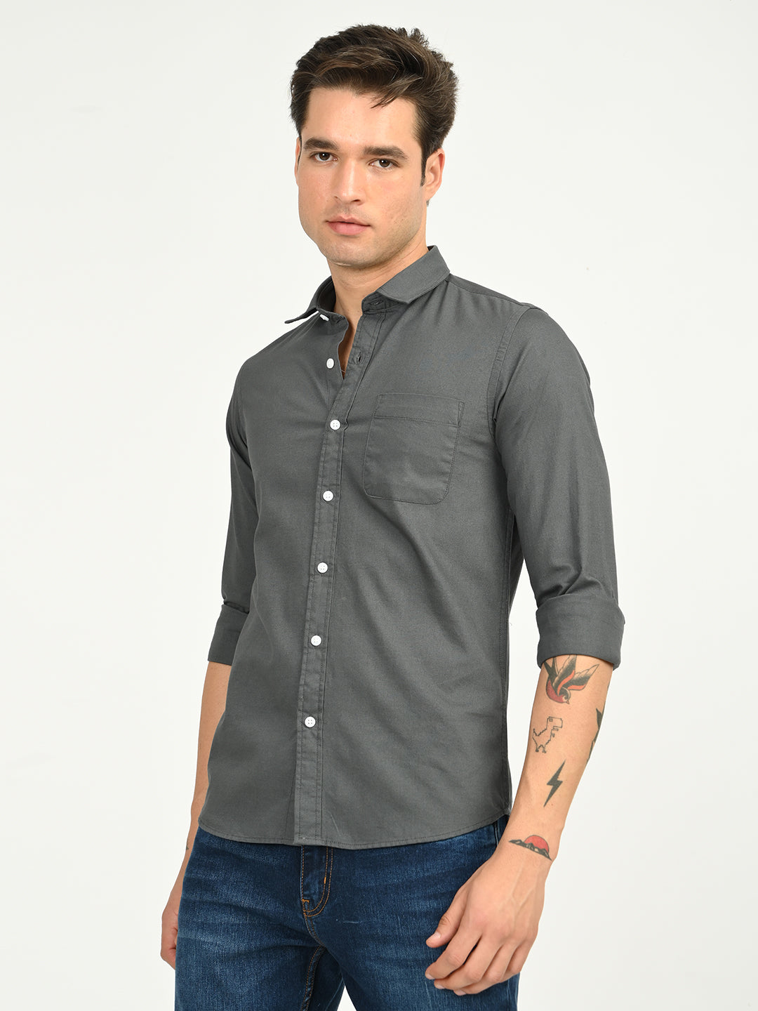 Men’s Native Bull Solid Casual Shirt with Full Sleeves and Chest Pocket - Grey