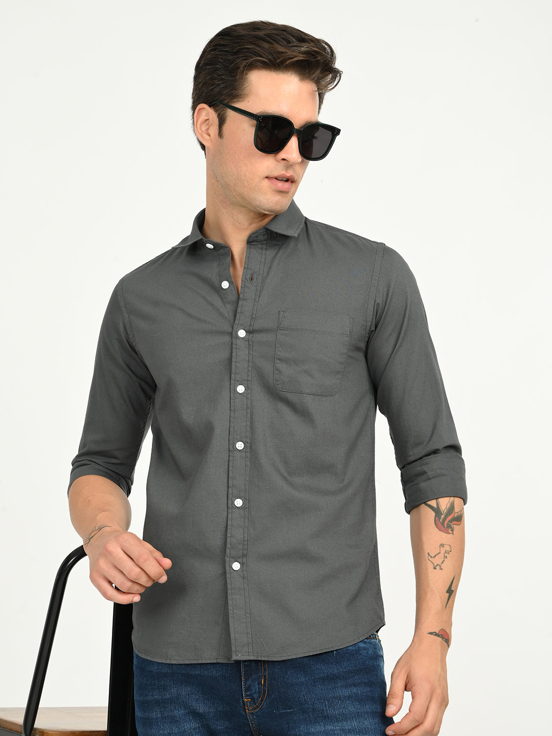Men’s Native Bull Solid Casual Shirt with Full Sleeves and Chest Pocket - Grey