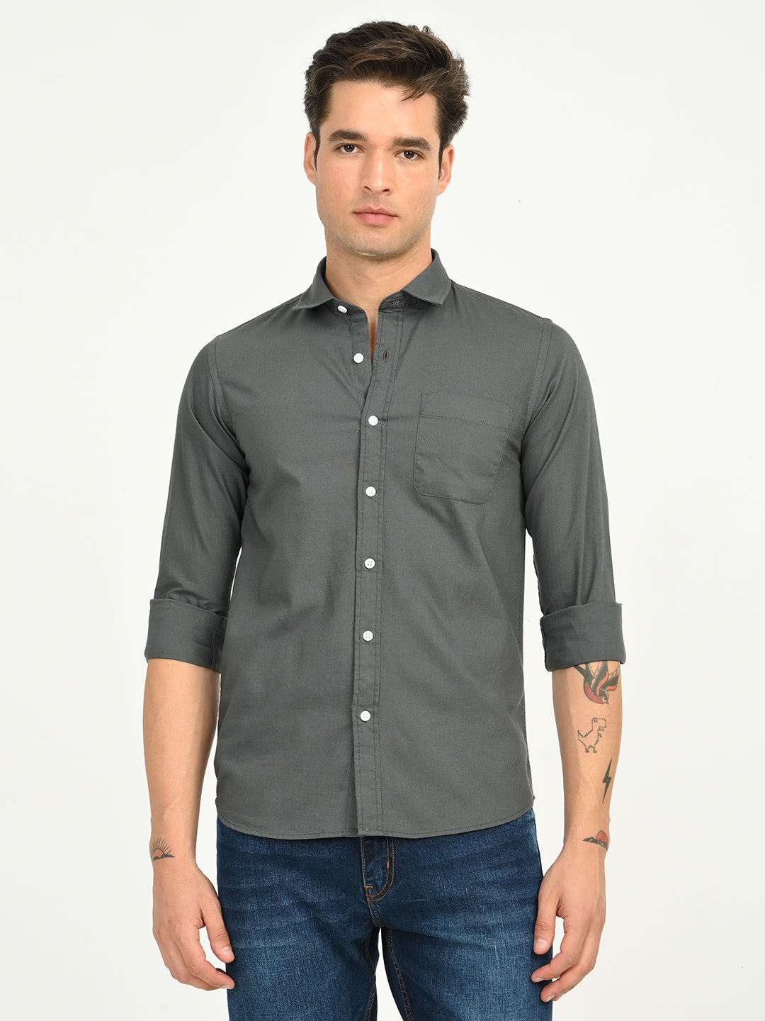 Men’s Native Bull Solid Casual Shirt with Full Sleeves and Chest Pocket - Grey
