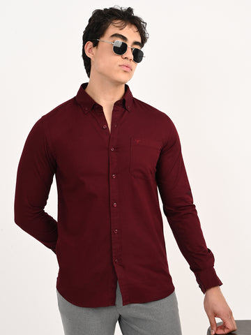 Men’s Native Bull Solid Casual Shirt with Full Sleeves and Chest Pocket - Maroon