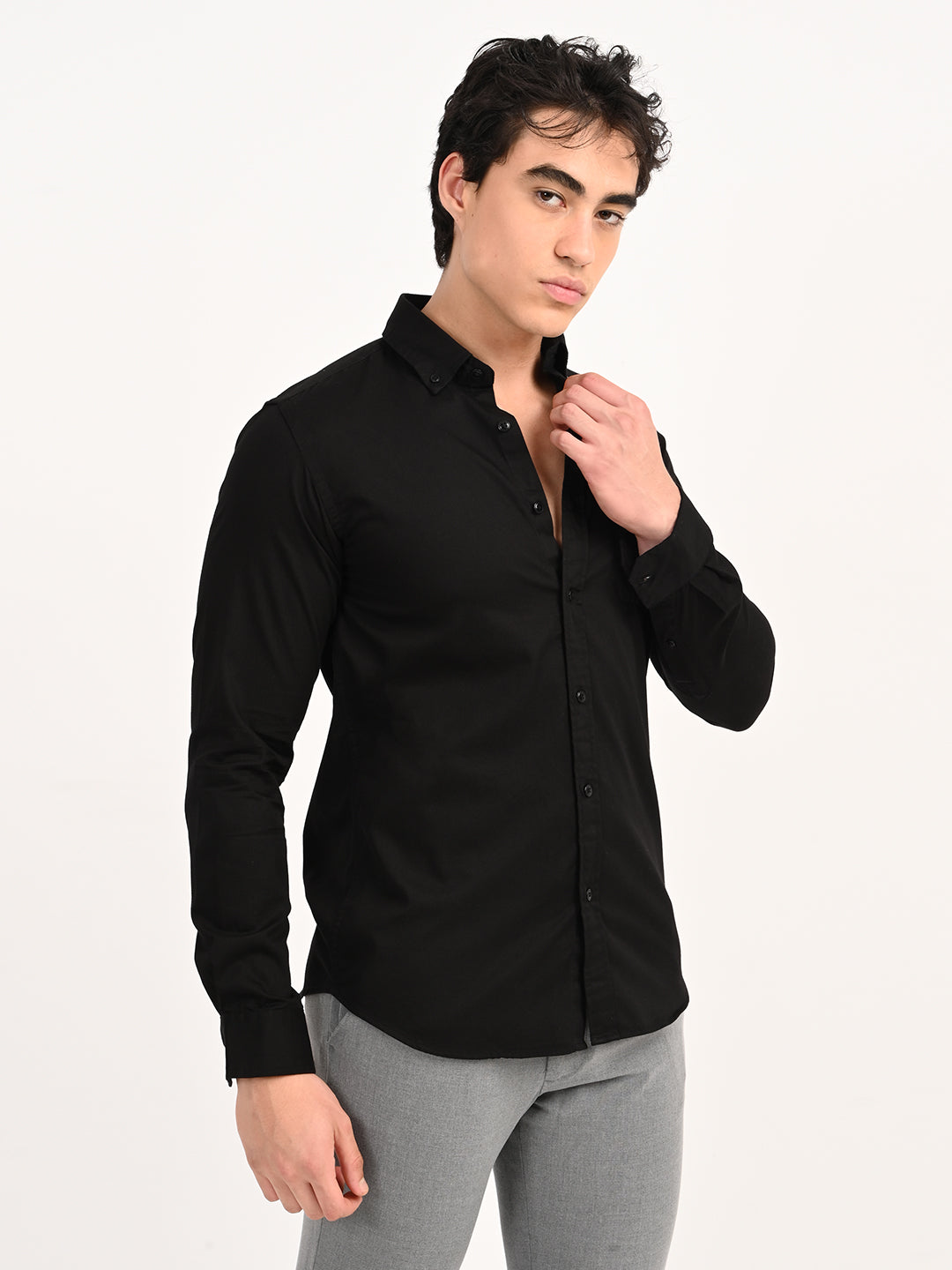 Men’s Native Bull Solid Casual Shirt with Full Sleeves and Chest Pocket - Black