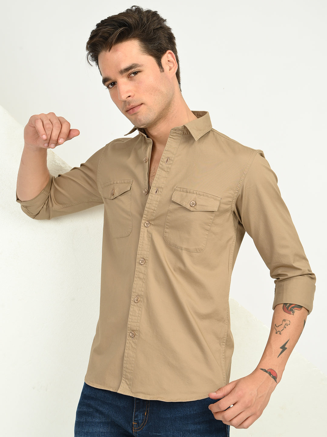 Men’s Native Bull Solid Double Pocket Casual Shirt with Full Sleeves and Button Down Collar - Light Brown