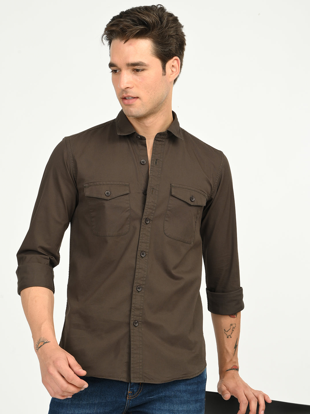 Men’s Native Bull Solid Double Pocket Casual Shirt with Full Sleeves and Button Down Collar - Brown