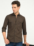 Men’s Native Bull Solid Double Pocket Casual Shirt with Full Sleeves and Button Down Collar - Brown