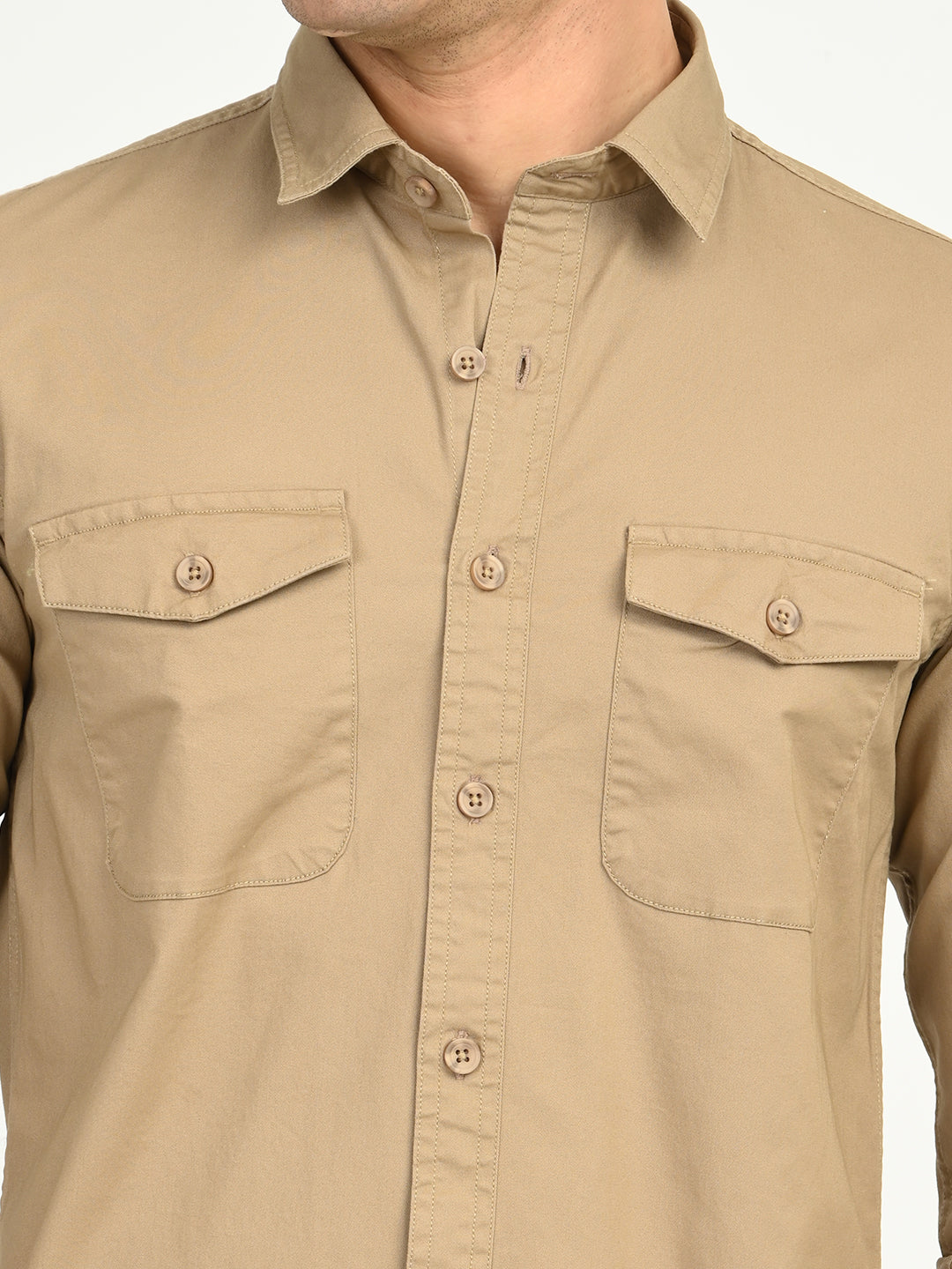 Men’s Native Bull Solid Double Pocket Casual Shirt with Full Sleeves and Button Down Collar - Light Brown