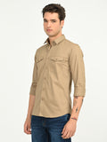 Men’s Native Bull Solid Double Pocket Casual Shirt with Full Sleeves and Button Down Collar - Light Brown