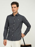 Men’s Native Bull Striped Casual Shirt with Full Sleeves and Button Down Collar - Black
