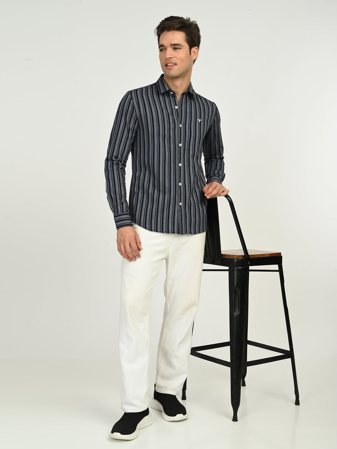 Men’s Native Bull Striped Casual Shirt with Full Sleeves and Button Down Collar - Black