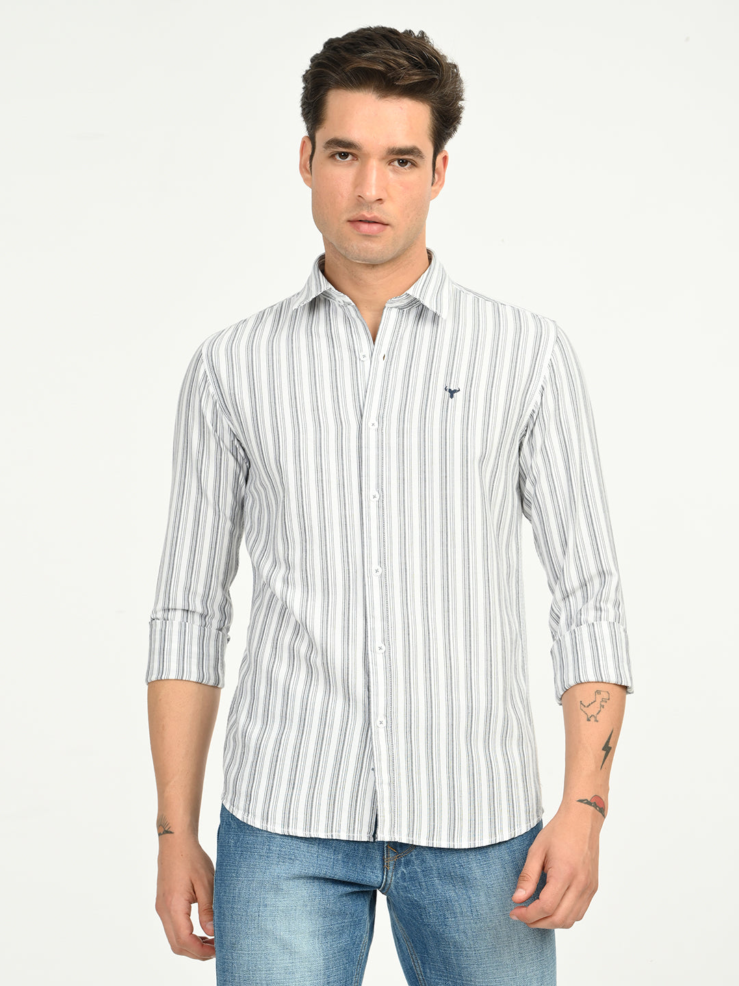 Men’s Native Bull Striped Slim Fit Casual Shirt with Long Sleeves - Off White