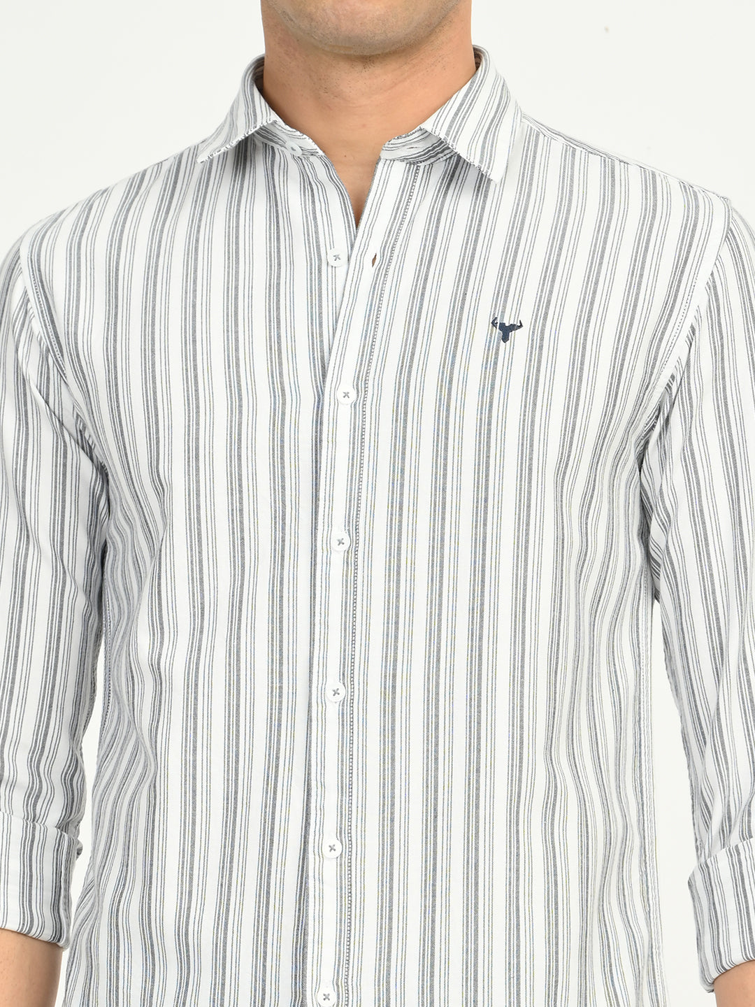 Men’s Native Bull Striped Slim Fit Casual Shirt with Long Sleeves - Off White