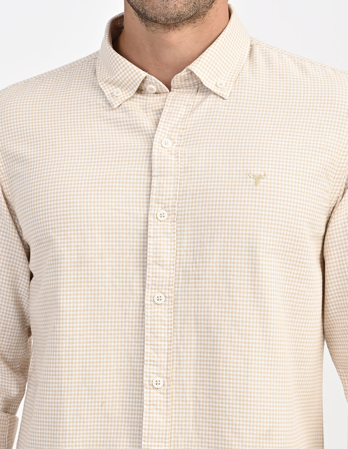 Men's Nativebull Check Button-Down Collar Long Sleeve Cotton Casual Shirt - Beige