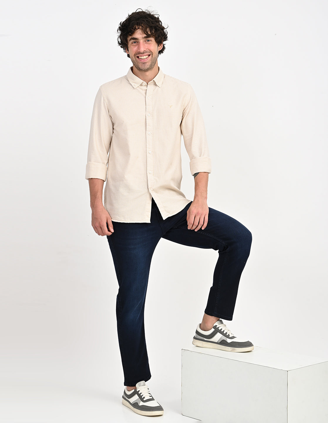 Men's Nativebull Check Button-Down Collar Long Sleeve Cotton Casual Shirt - Beige