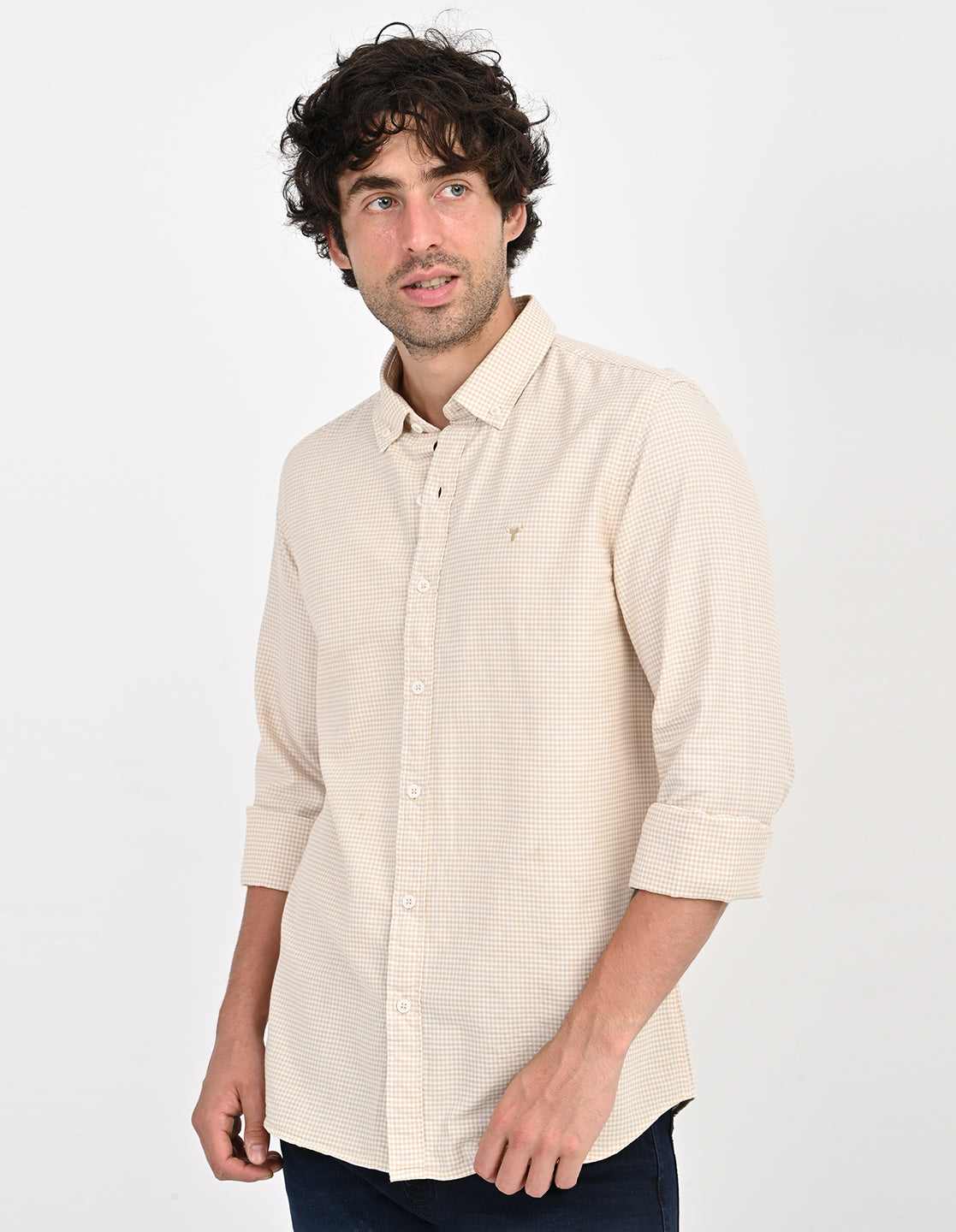 Men's Nativebull Check Button-Down Collar Long Sleeve Cotton Casual Shirt - Beige