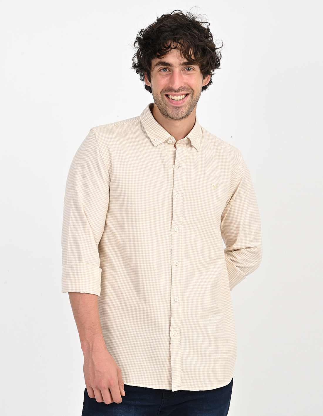 Men's Nativebull Check Button-Down Collar Long Sleeve Cotton Casual Shirt - Beige