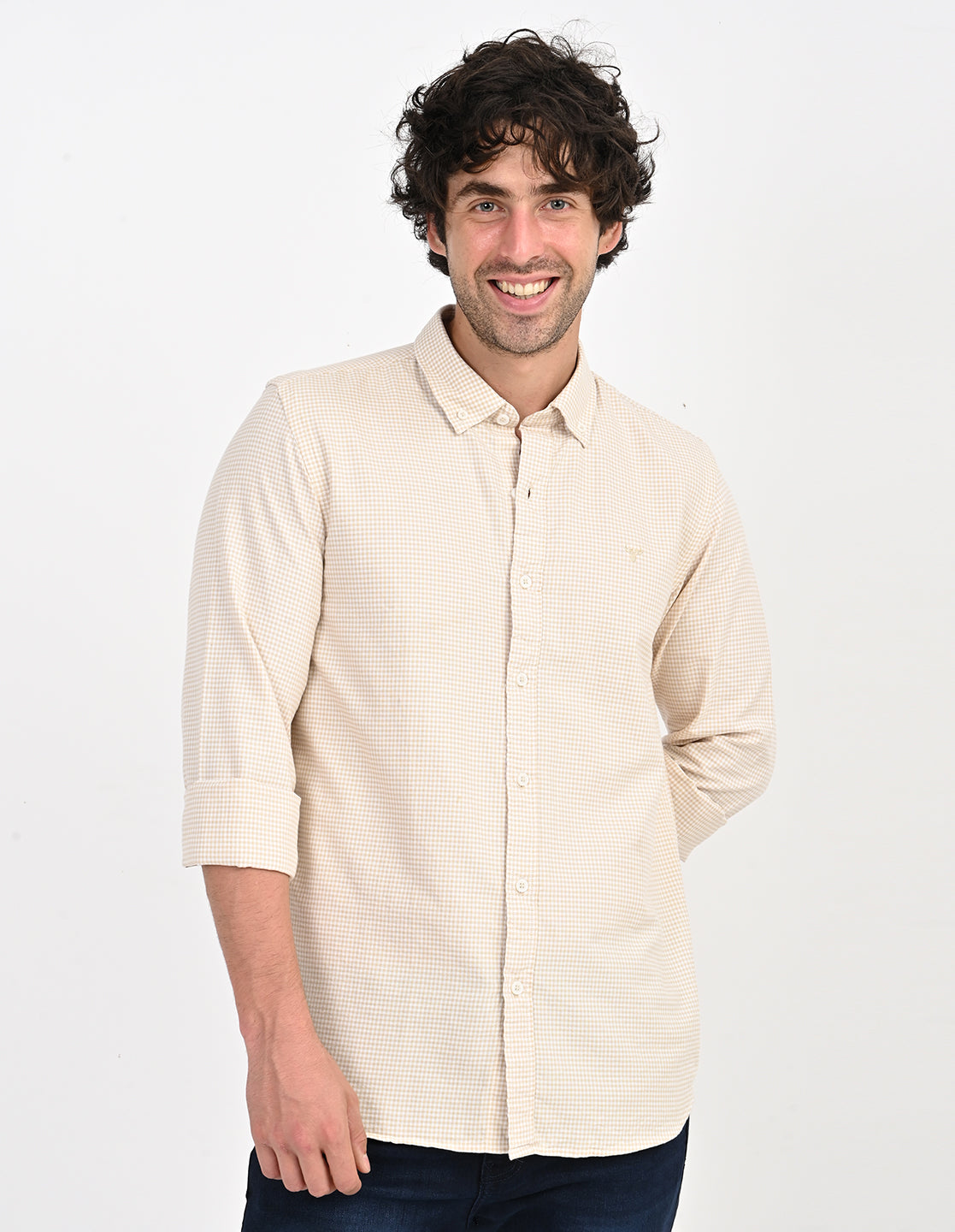 Men's Nativebull Check Button-Down Collar Long Sleeve Cotton Casual Shirt - Beige