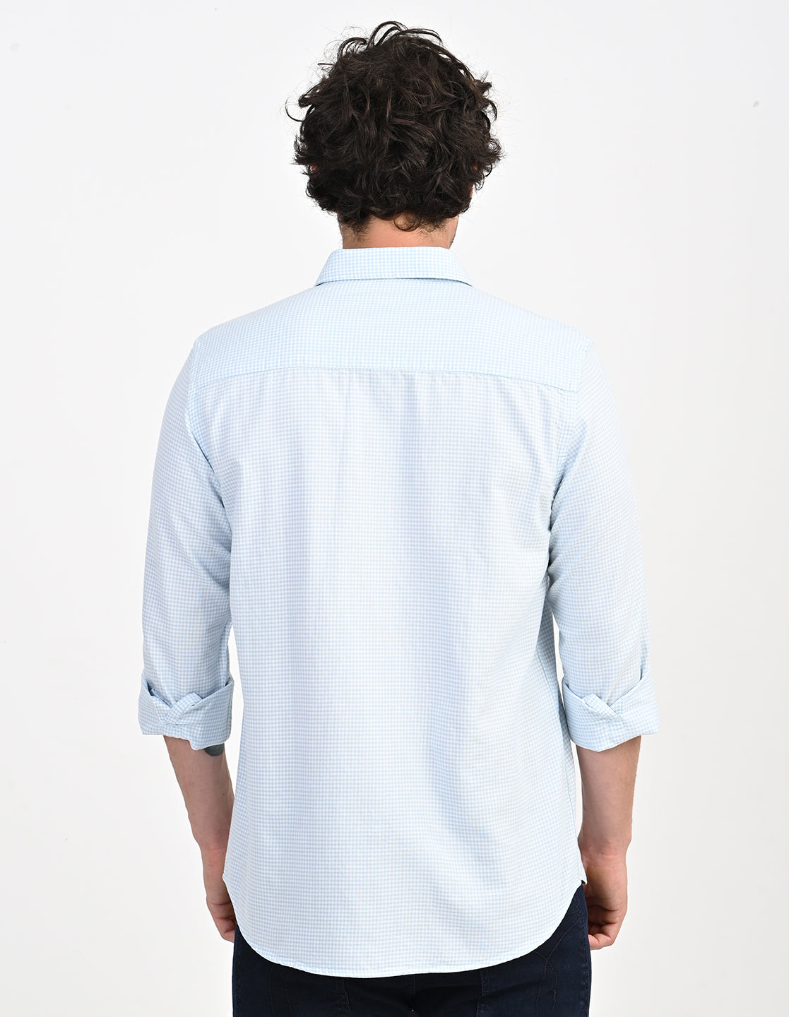 Men's Nativebull Check Button-Down Collar Long Sleeve Cotton Casual Shirt - Light Blue