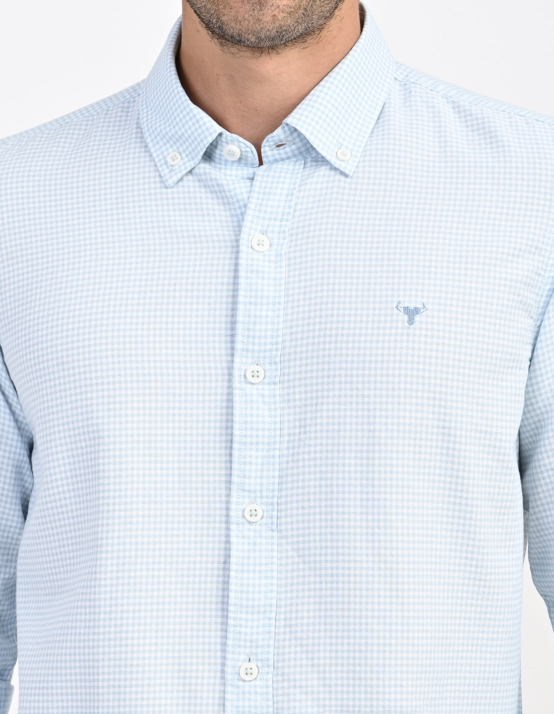 Men's Nativebull Check Button-Down Collar Long Sleeve Cotton Casual Shirt - Light Blue